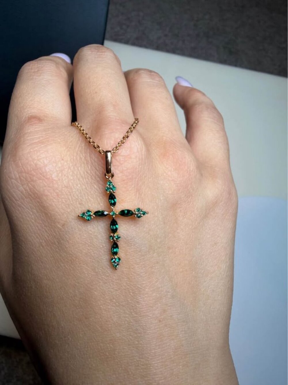 WOMEN's 18K Gold Plated with Green Swarovski Crystals Cross Pendant Necklace